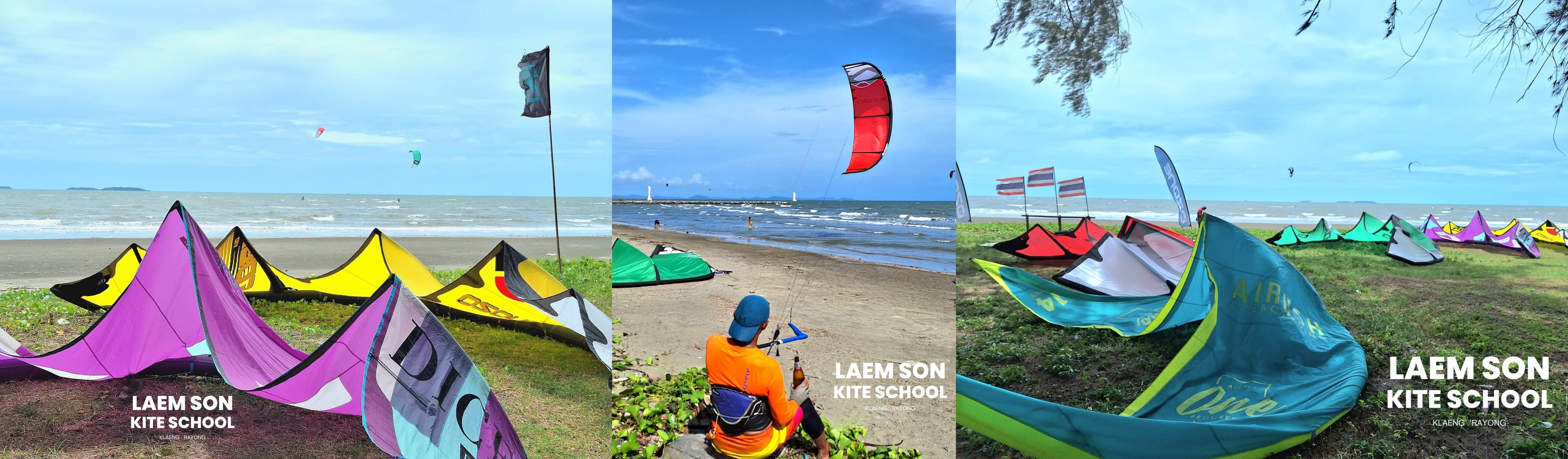 Collage of Laem Son Kite School in Klaeng, Rayong showing many colorful kites laid on the beach and flying in the air on a windy day along the coastline.
