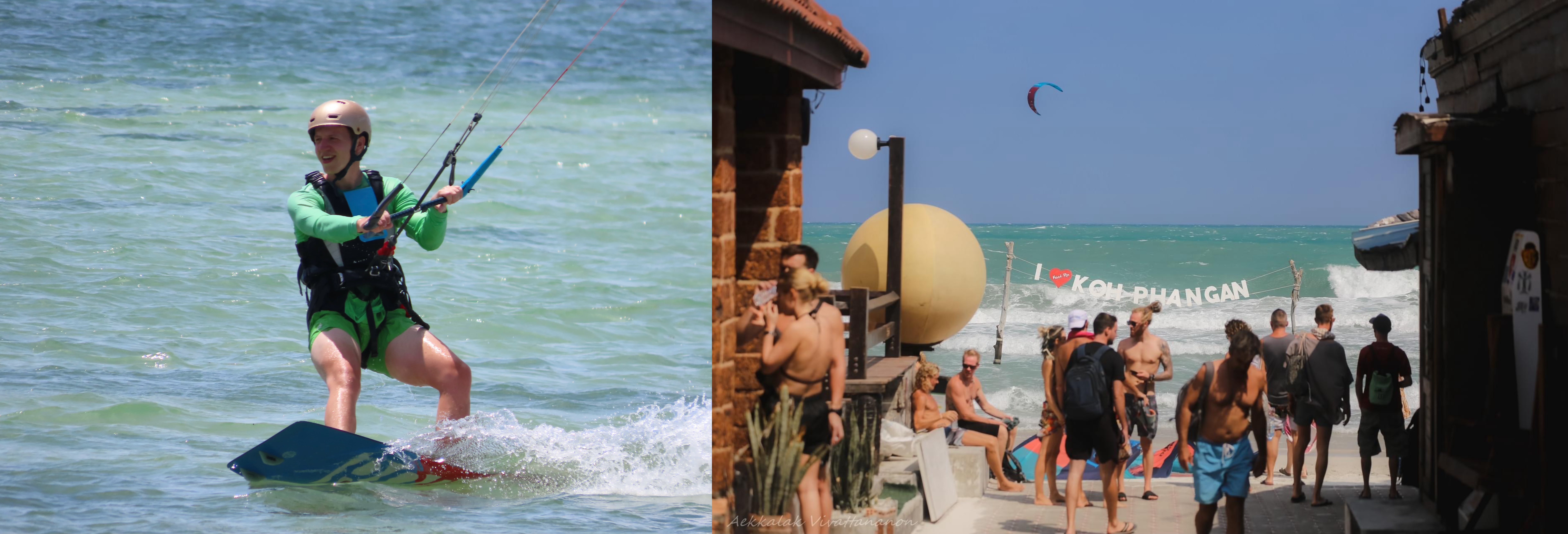 Two-photo collage: a happy kitesurfing student riding on a sunny windy day with Siam Pro Kite in Koh Phangan, and a bright scene at Haad Rin Beach with a kite in the sky and many smiling people enjoying the beach.