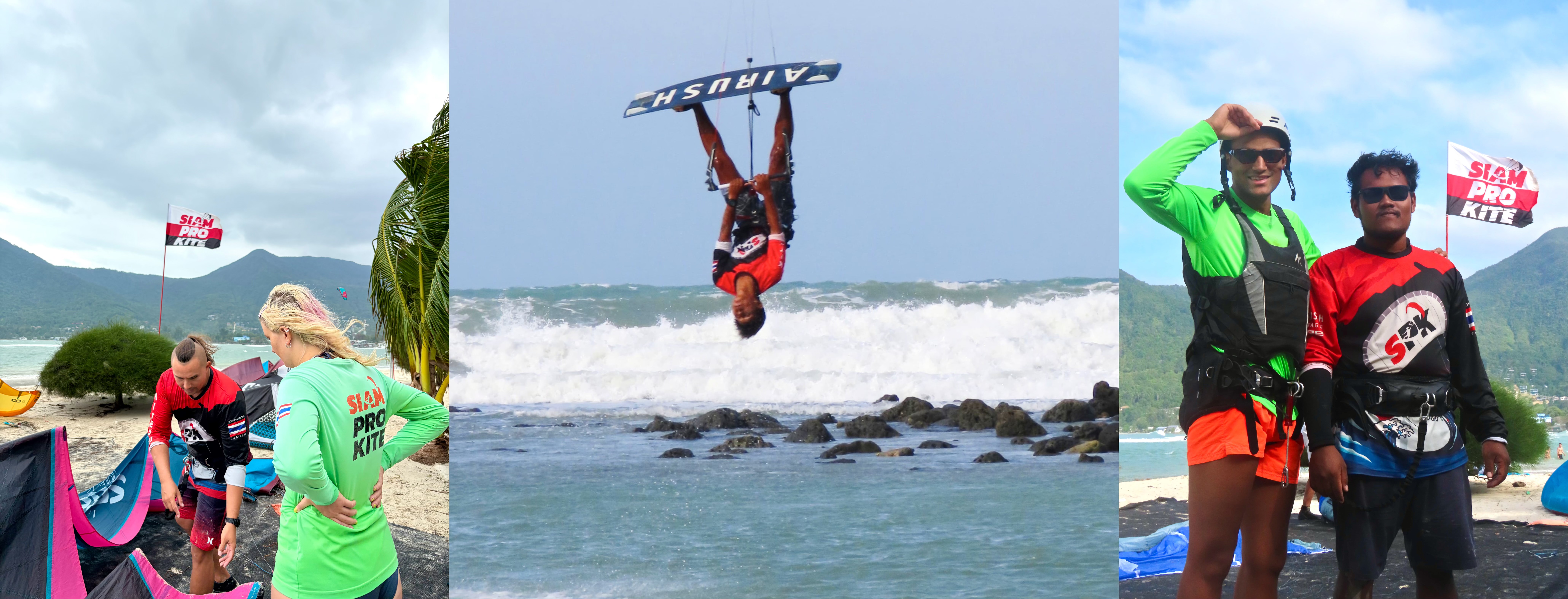 Collage showing a kitesurfing theory lesson on the beach with Siam Pro Kite, a kitesurfer performing an inverted front roll, and a smiling student taking a photo with his kitesurf instructor after a successful lesson in Koh Phangan.