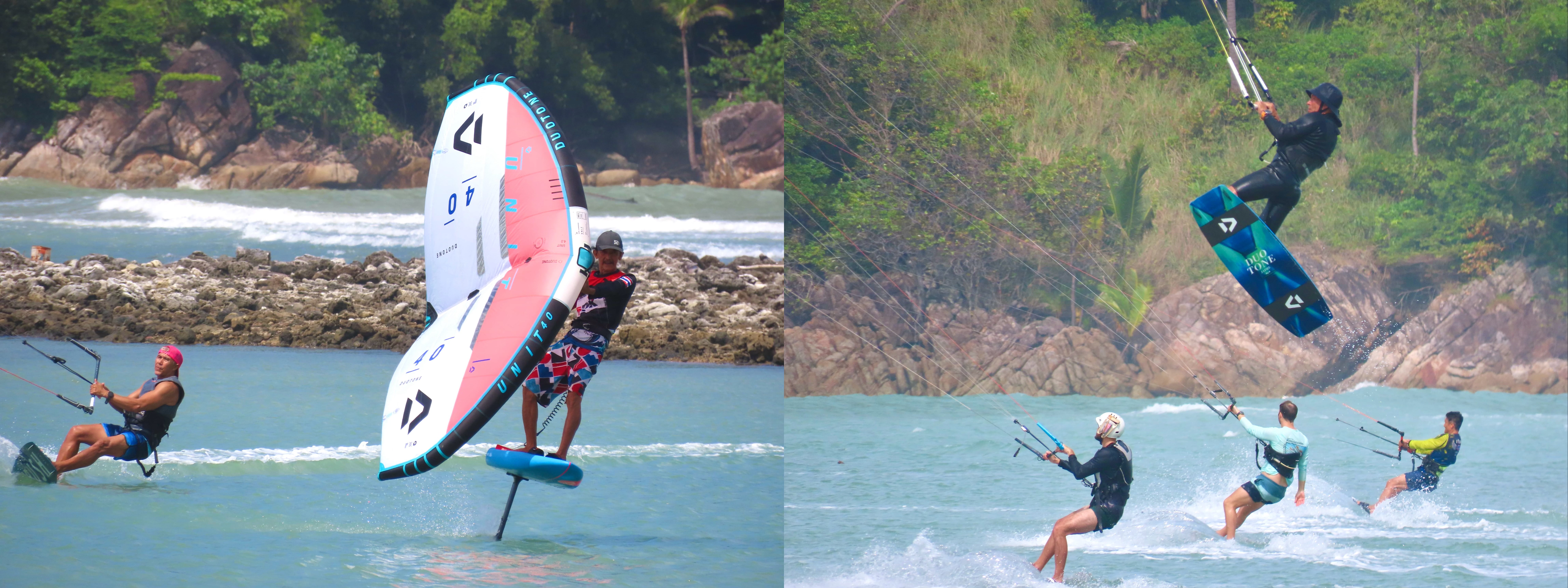 Wingfoil rider and kitesurfers inside the flat-water lagoon at Malibu Beach Chaloklum, Koh Phangan.