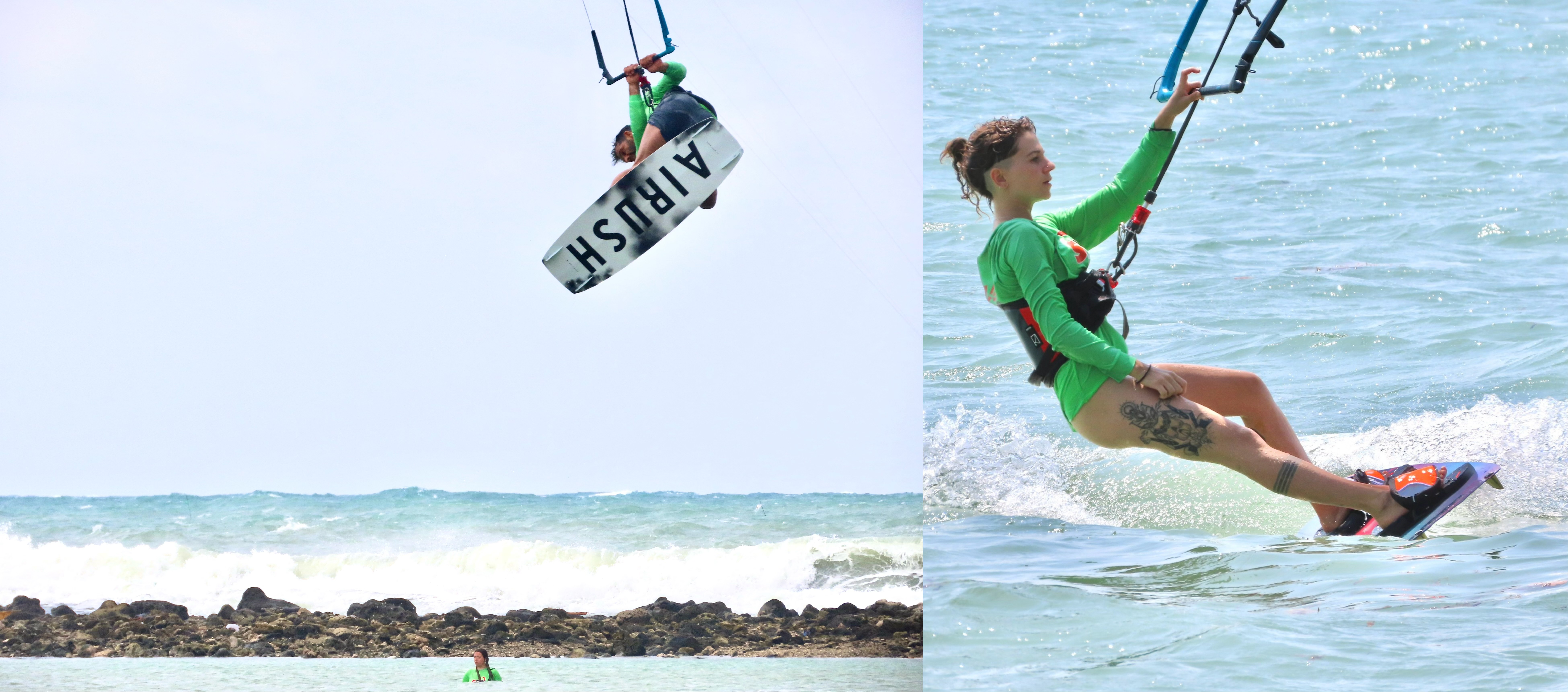Kitesurfer jumping in flat water lagoon at Chaloklum Beach using Airush equipment