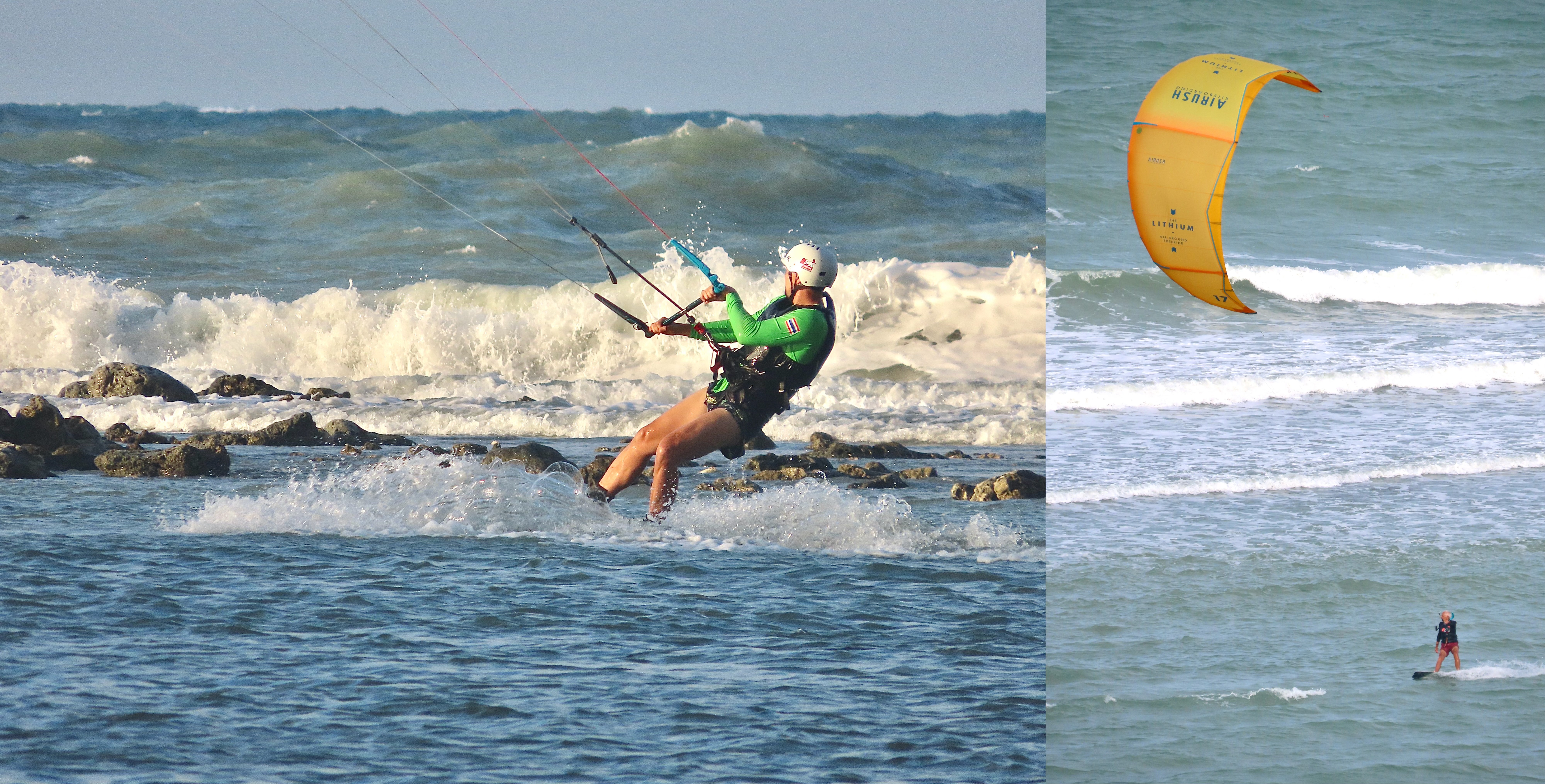 Golden hour kitesurfing in flat water lagoon at Malibu Beach with reef breaking waves