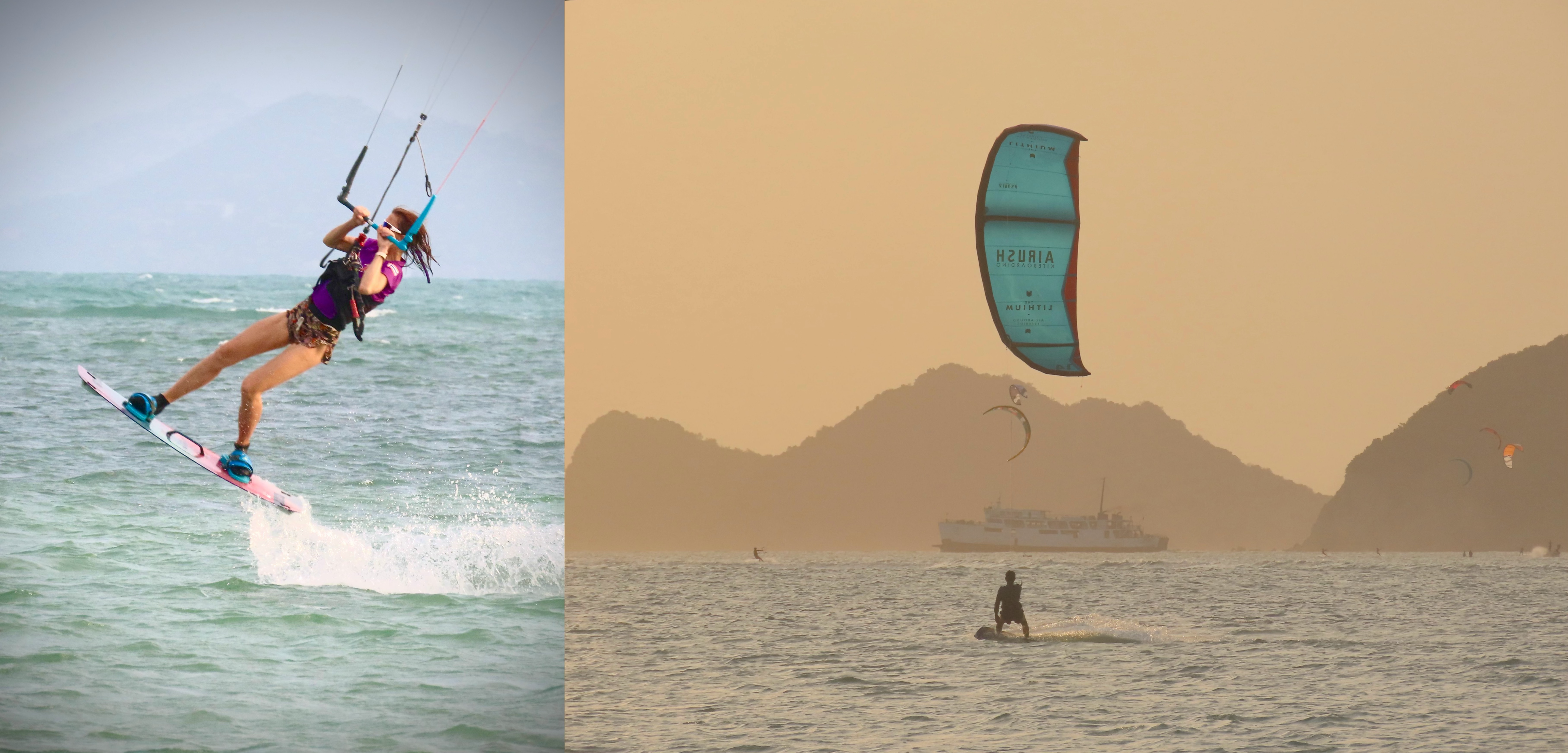 Female kitesurfer performing a jump above the water in Koh Phangan beside a sunset freeride session with kites and a ferry crossing the bay.