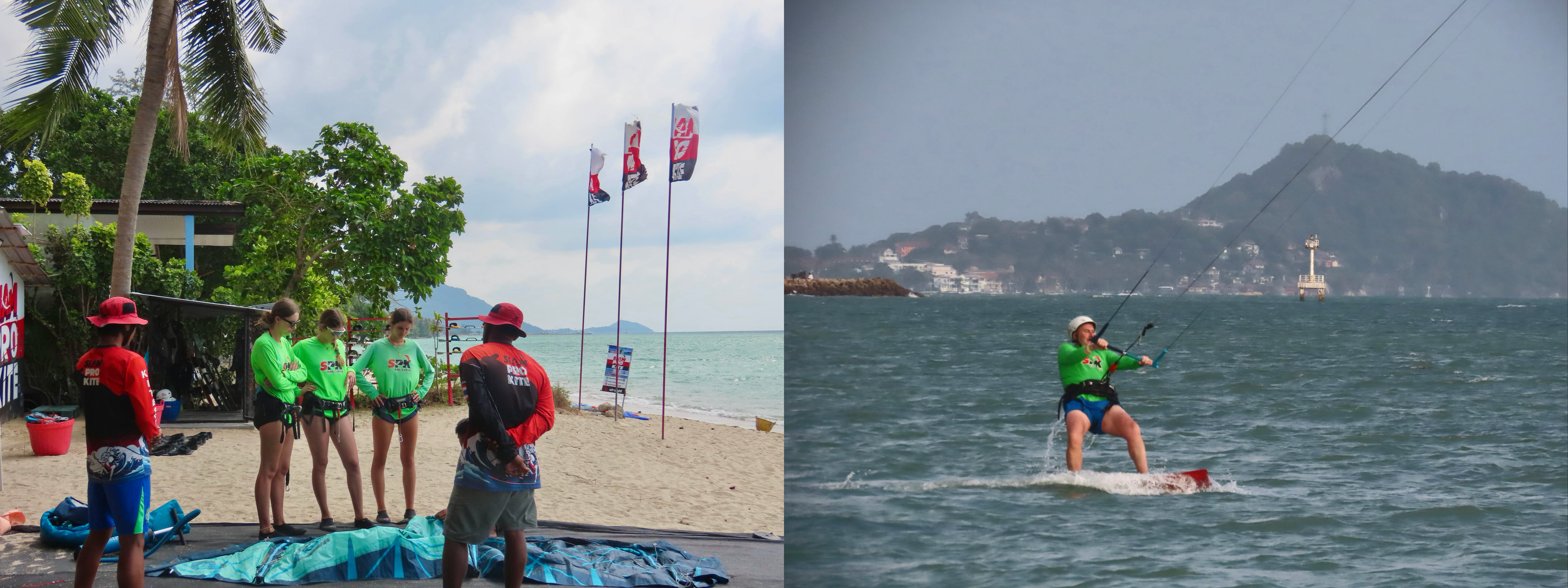 Kitesurfing lesson on Baan Tai Beach in Koh Phangan with instructors preparing students for training next to an action shot of a beginner rider practicing on the water.
