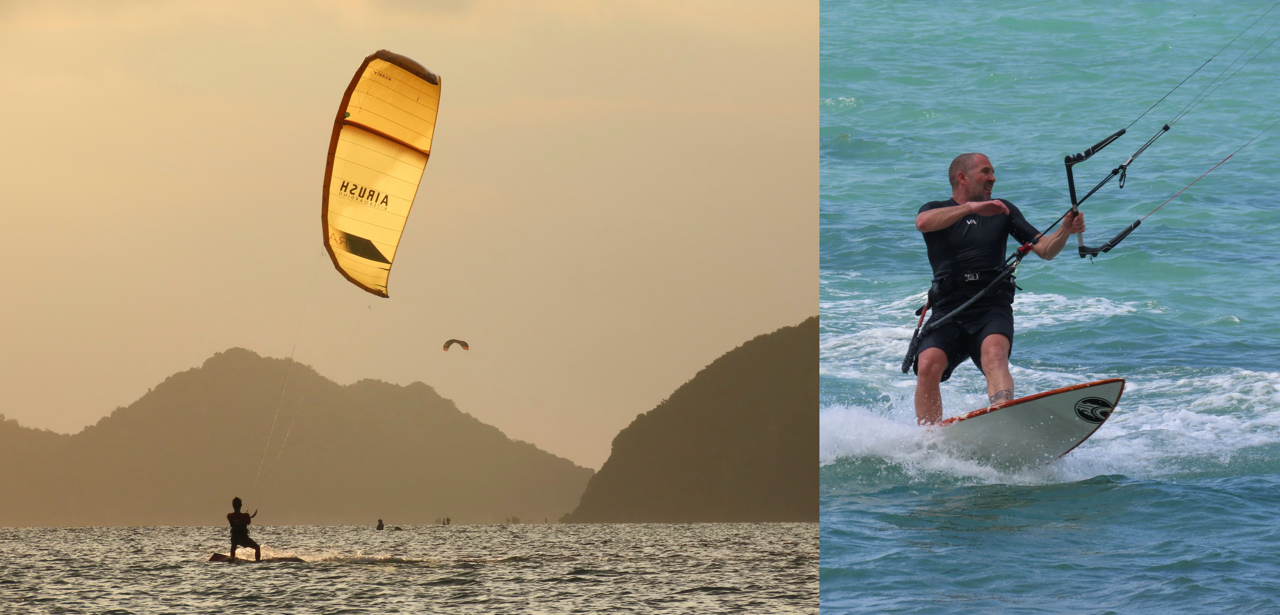 Kitesurfer riding at sunset in Koh Phangan with tropical island mountains in the background alongside a close-up action shot of a rider carving on a directional board.
