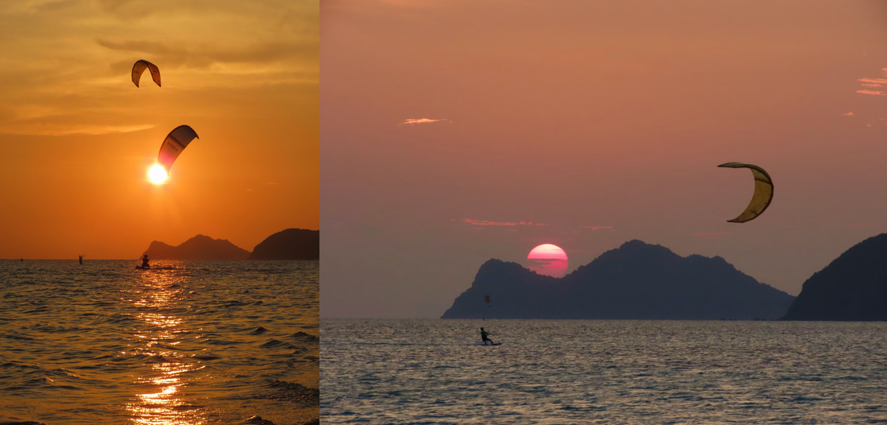 Kitesurfers enjoying the best kitesurfing experience in Koh Phangan Thailand during a colorful tropical sunset over the ocean.