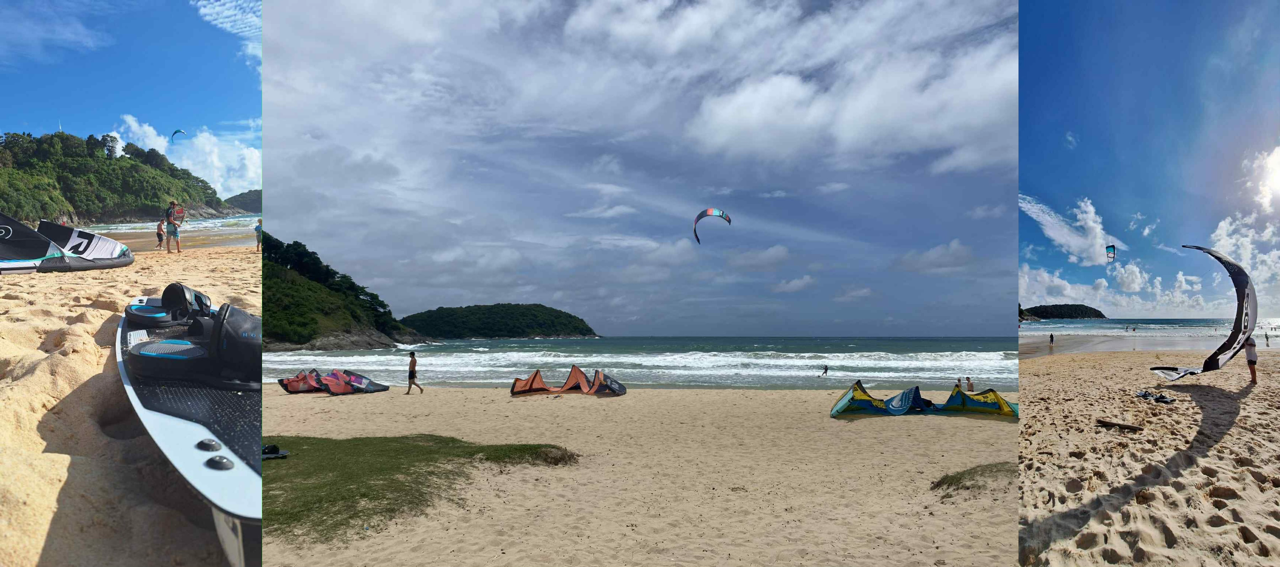 Core Kites riders kitesurfing at Nai Harn Beach Thailand on a sunny windy day with waves and tropical ocean scenery.