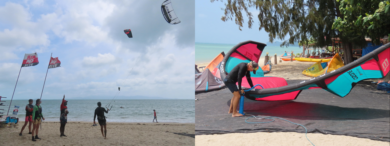 Local riders and kitesurfers gathering at Siam Pro Kite Koh Phangan Thailand with colorful kites and vibrant island community atmosphere.