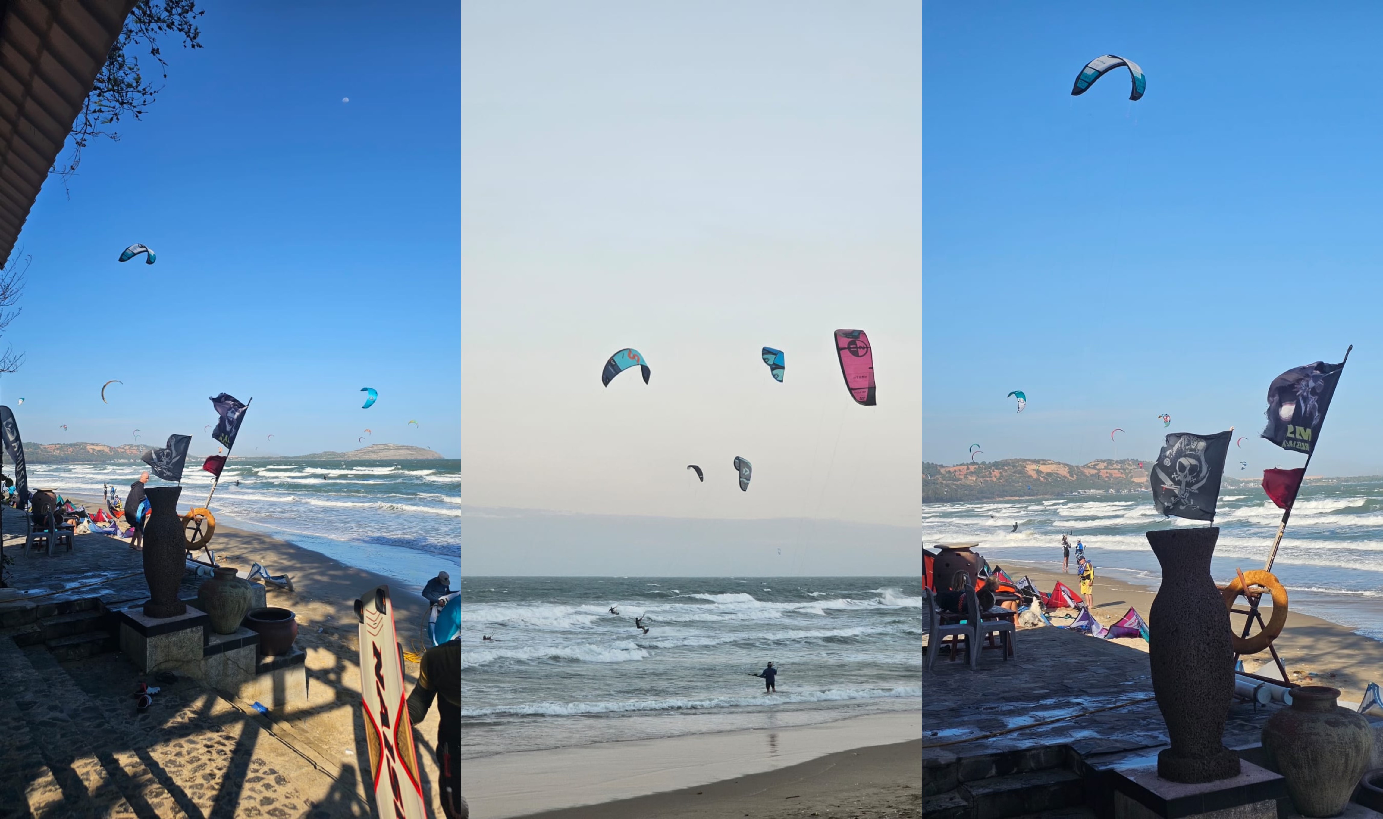 Kitesurfers riding waves with many colorful kites above Mũi Né beach on a windy day in Vietnam.