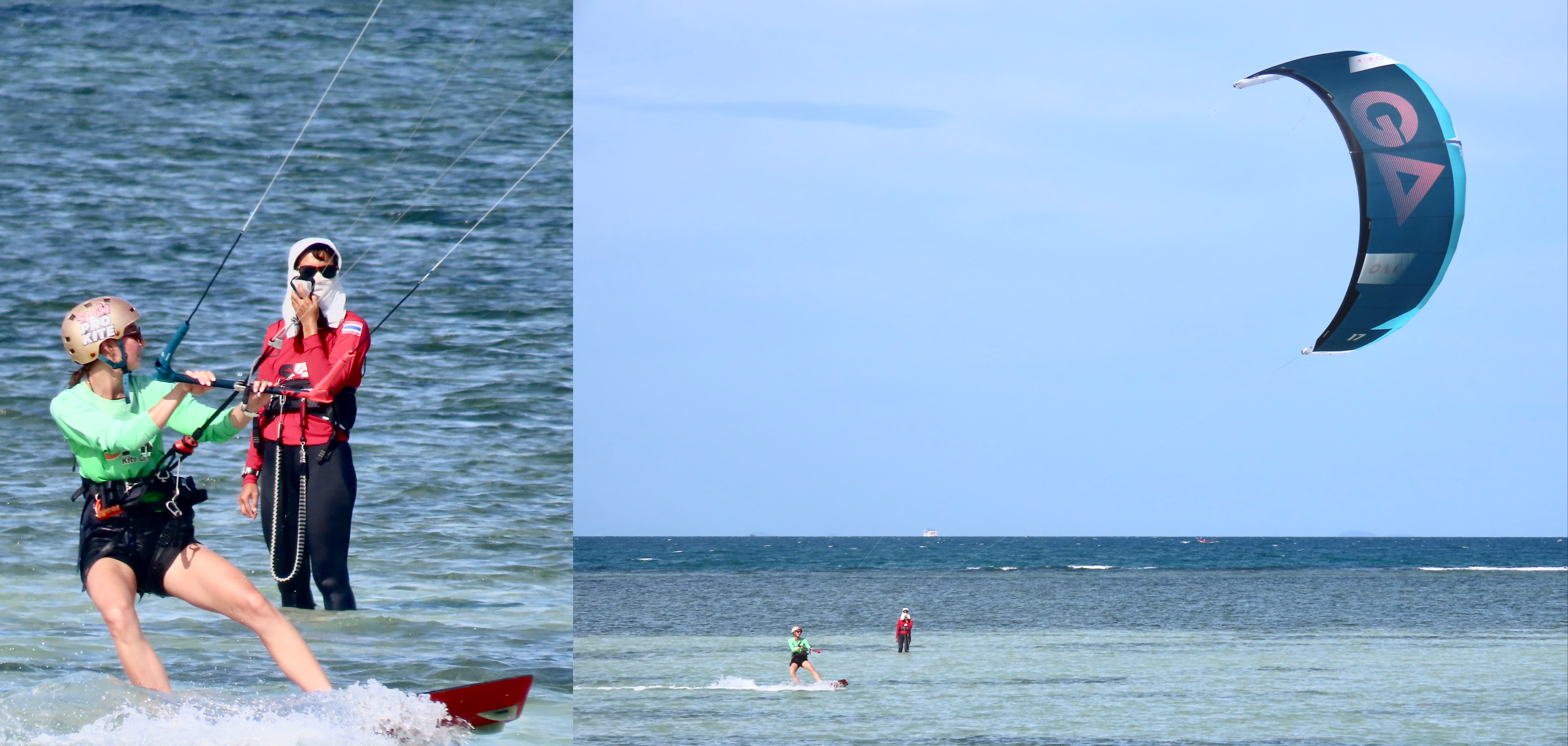 Kitesurfing student learning to ride independently while an instructor monitors conditions and communicates by walkie-talkie