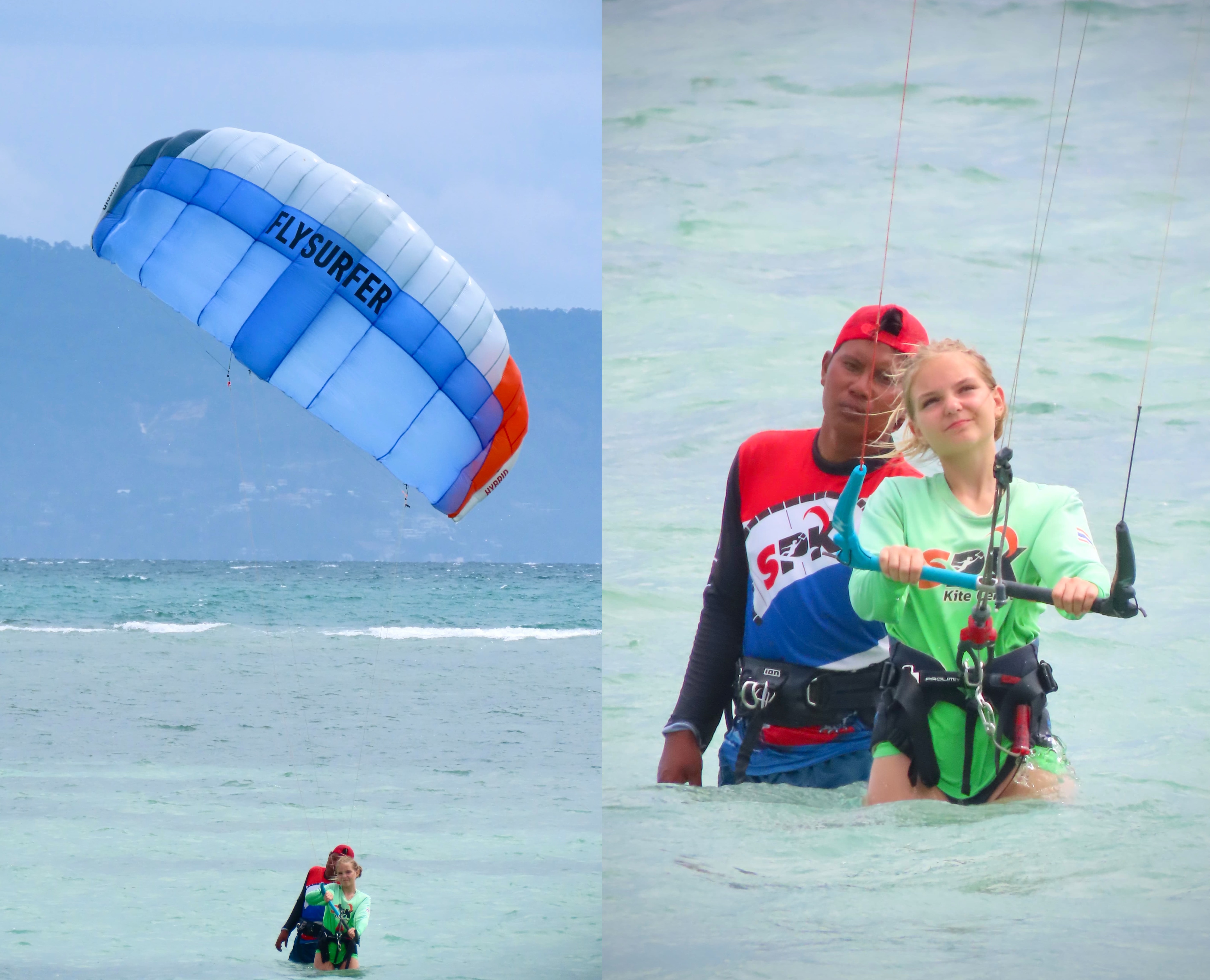 Female kitesurfing student learning to fly a kite with an instructor in Koh Phangan