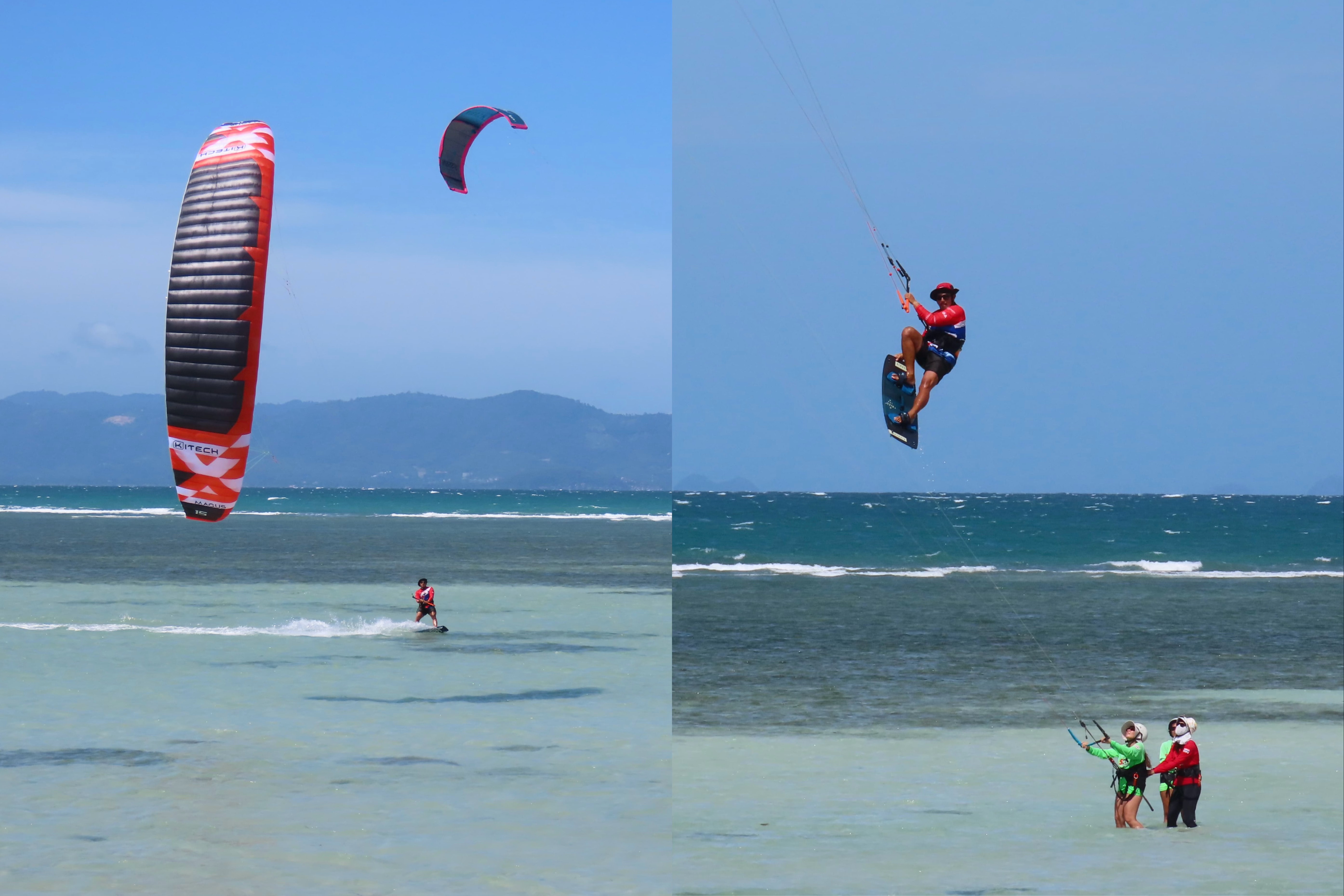 Kitesurfers at different levels, from a foil kite rider and professional jump to a beginner learning kite control