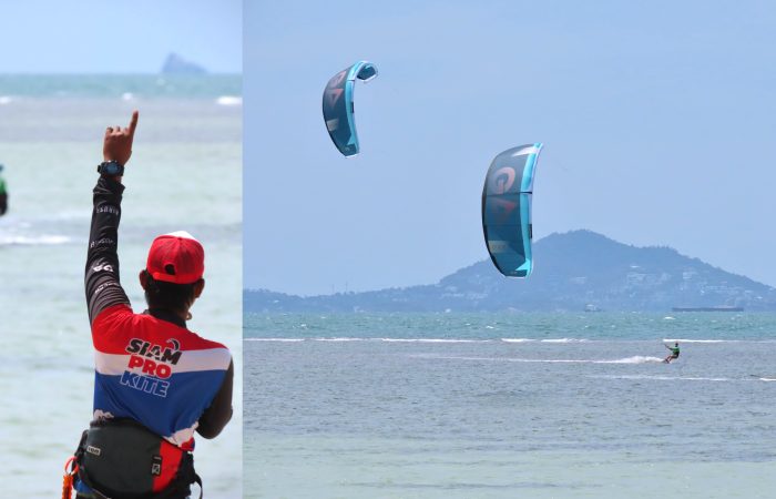 Kitesurfing instructor guiding a student by walkie-talkie alongside Siam Pro Kite students riding Gaastra kites