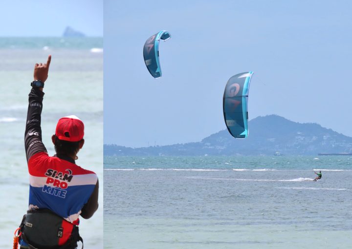 Kitesurfing instructor guiding a student by walkie-talkie alongside Siam Pro Kite students riding Gaastra kites