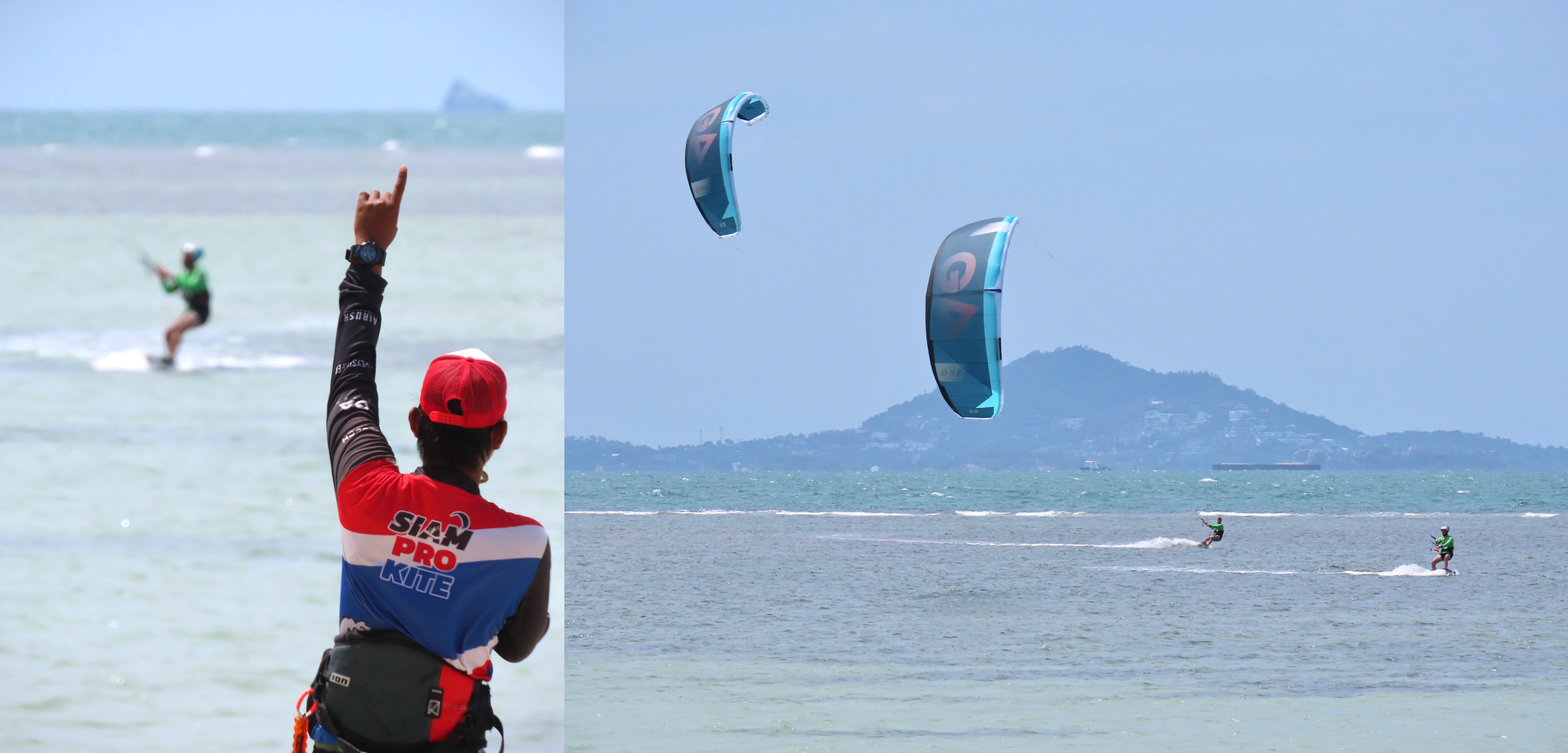 Kitesurfing instructor guiding a student by walkie-talkie alongside Siam Pro Kite students riding Gaastra kites